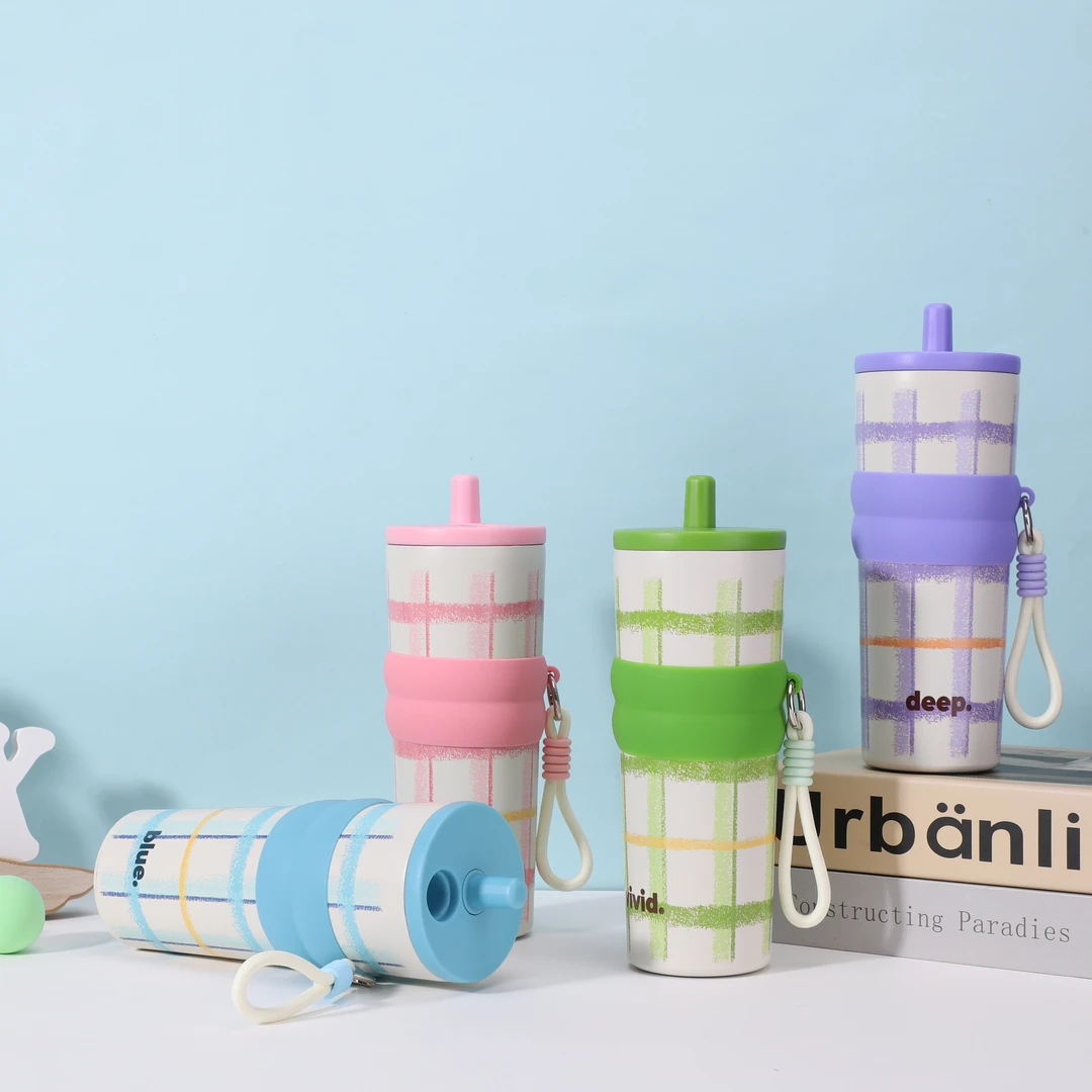 格子多巴胺吸管保温杯可爱学生便携水杯保温杯女生高颜值2025新款