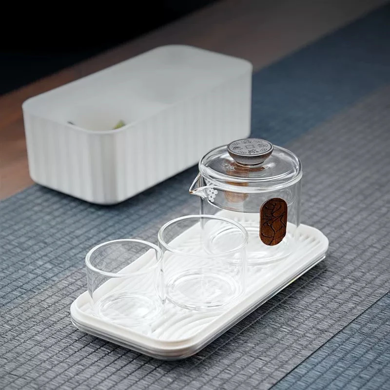 玻璃快客杯耐热水杯便携一壶二杯1透明简约旅行杯茶具套装