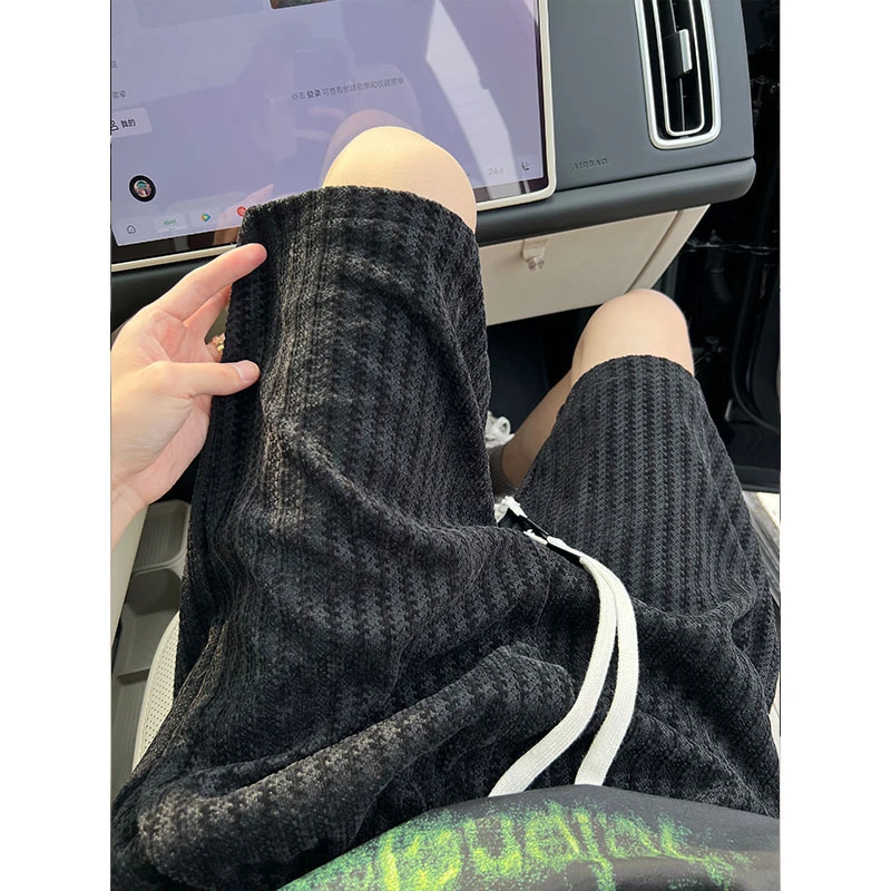 美式复古针织条纹短裤男夏季休闲宽松五分裤运动情侣直筒中裤外穿