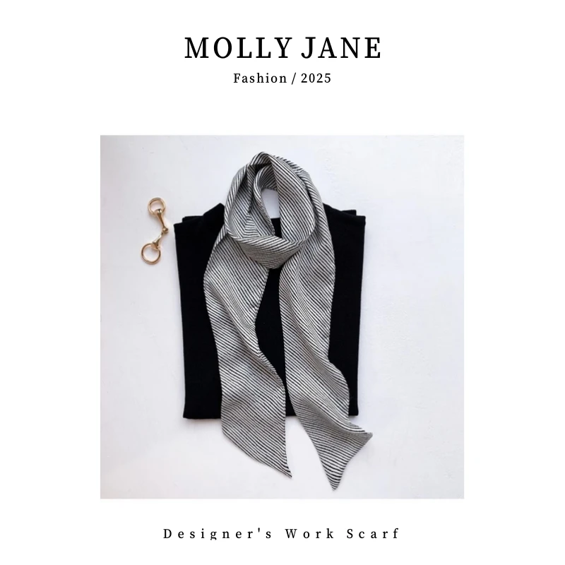 木槿芸【黑白韵律长条丝巾】细窄长女装饰领巾发带绑包包腰带SJ-167