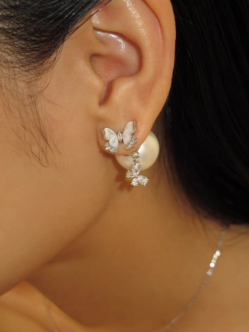 铜合金耳饰 轻奢高级感珠珠蝴蝶耳环两戴式设计耳饰2025新款耳钉