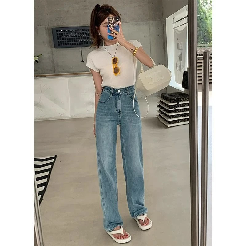 【小曹大码】高腰直筒牛仔裤春新款复古宽松显瘦阔腿裤-FYQ10038
