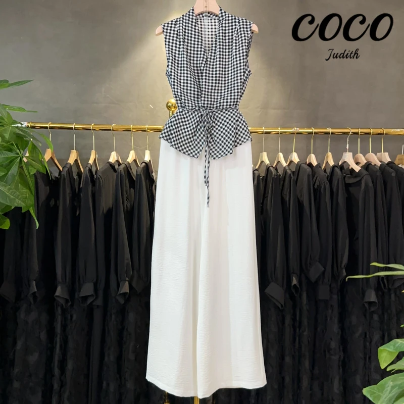 法式气质套装v领扭结黑白格子无袖背心阔腿裤设计感两件套M223