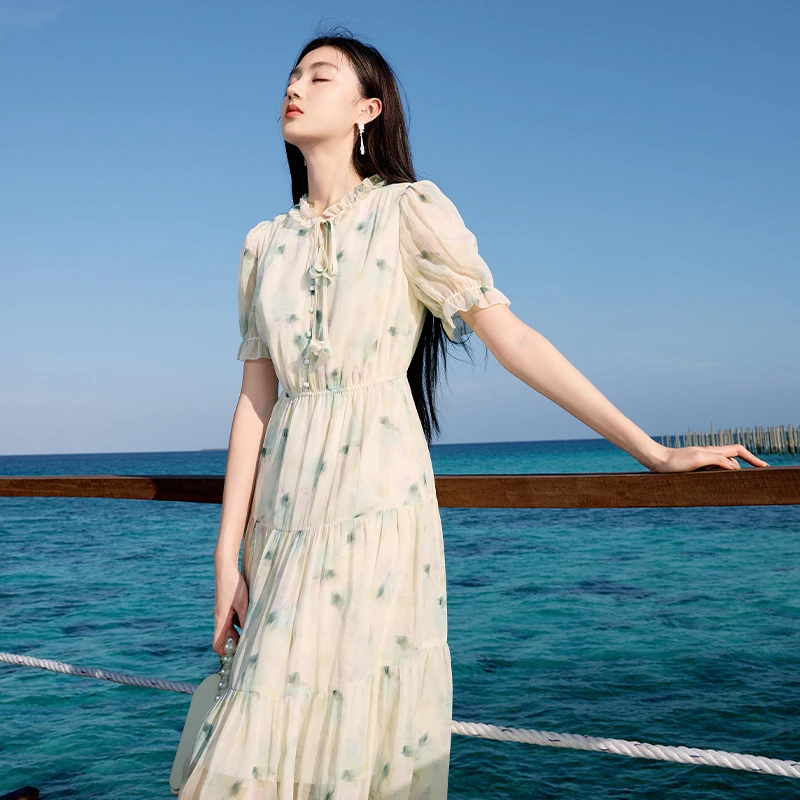 【粉丝专享】Q842238连衣裙 香影气质印花连衣裙女夏季新款木耳