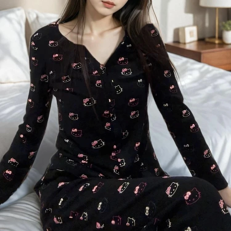 2025春秋季新款黑色kt猫睡衣女长袖休闲女士显瘦可外穿睡衣家居服