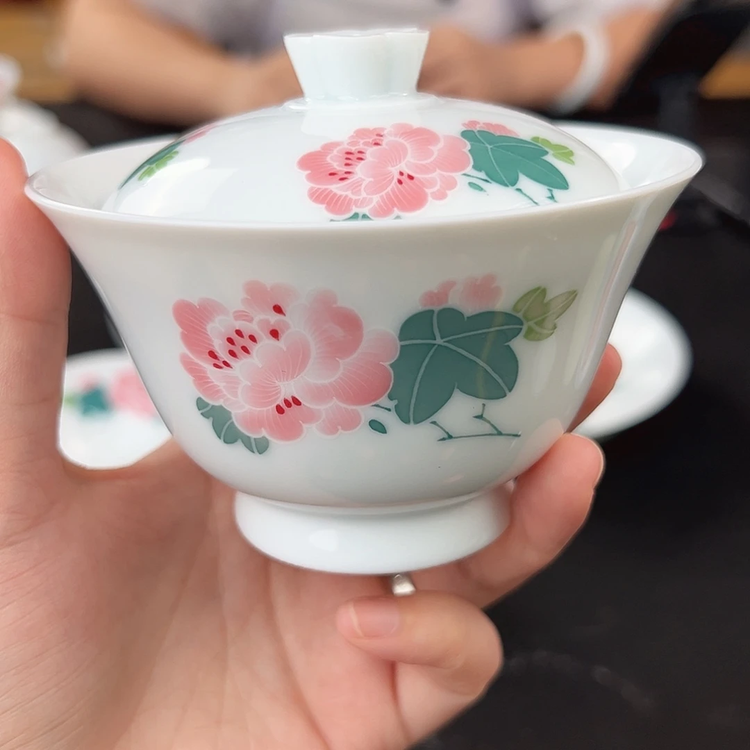 柴窑滑石子 红芙蓉两才盖碗