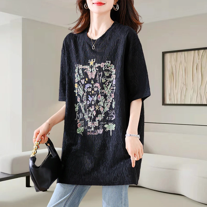 INS风提花夏季显瘦T恤印花吸汗透气洋气短袖宽松中长款半袖上衣