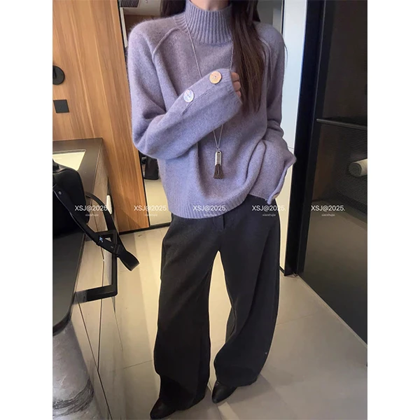 【马鞍肩紫色大纽扣装饰长袖】针织衫宽松显瘦休闲时尚百搭毛衣