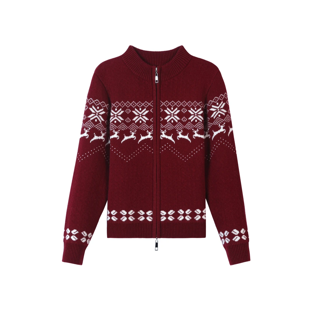 【晴芮定制】小鹿款费尔岛双头拉链撞色100%绵羊毛时尚女款针织衫2