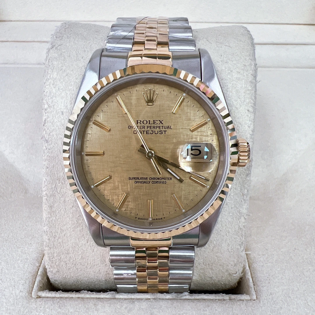 99新 Rolex/劳力士 日志/36mm/金布纹条钉/26571/单表/大扣金