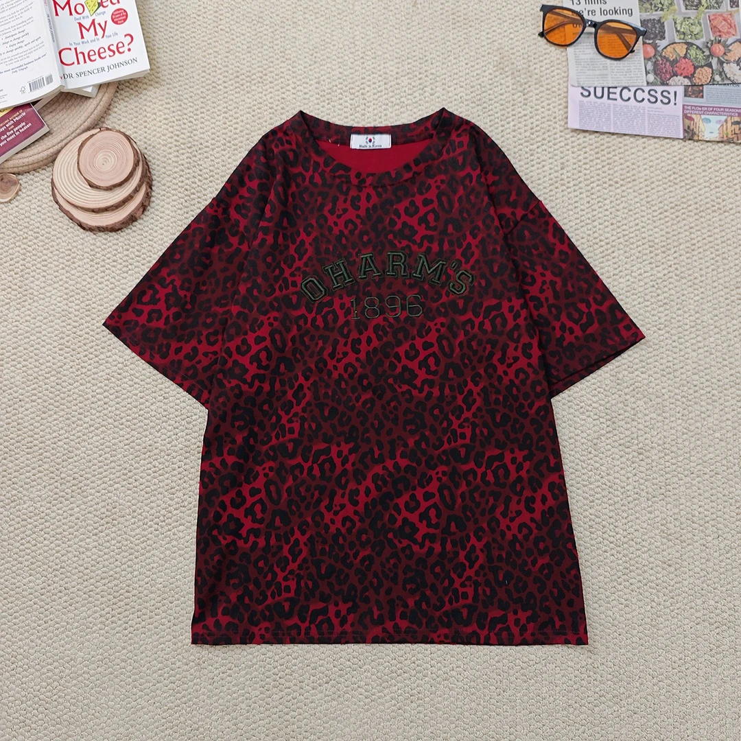 2025夏季新款宽松百搭时尚字母刺绣豹纹短袖T恤2225