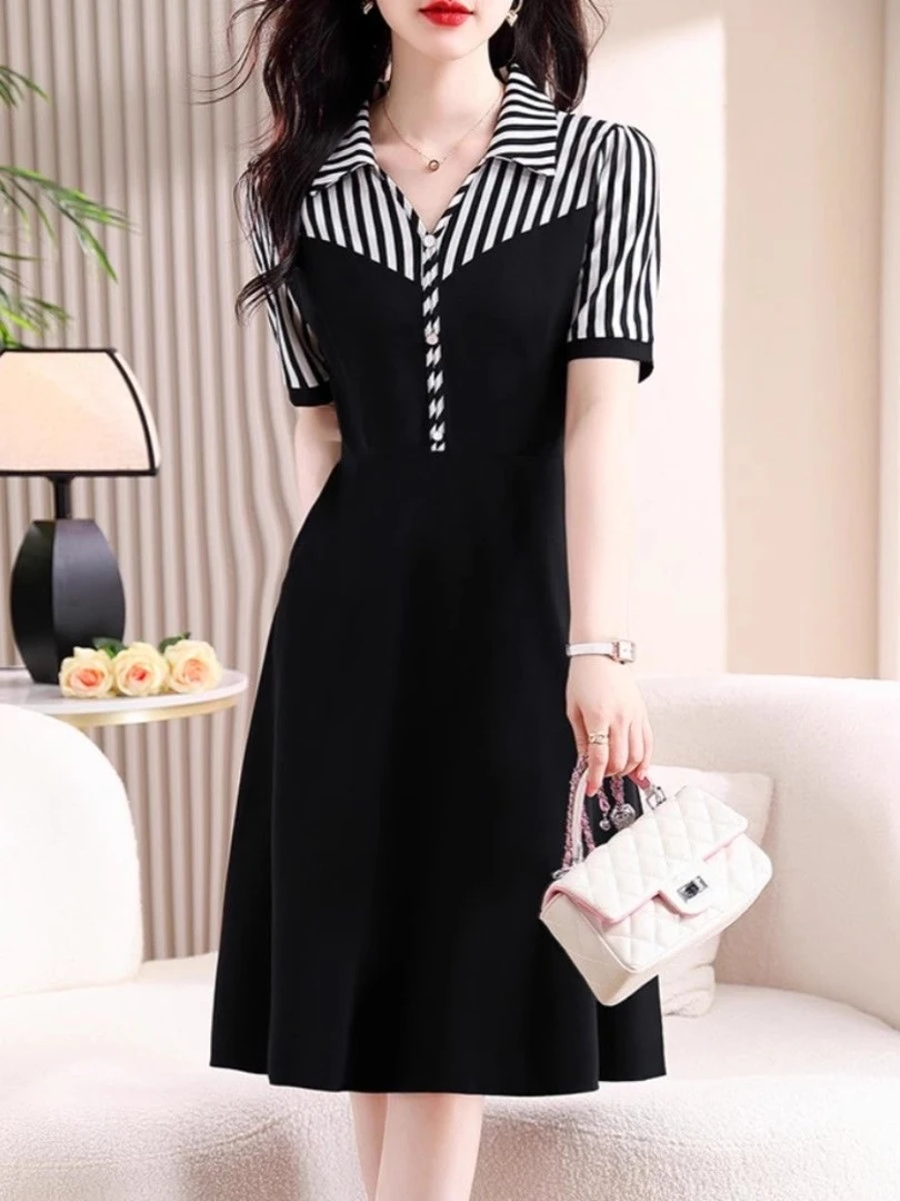 夏季大码女装条纹拼接假两件连衣裙修身收腰显瘦气质小个子小黑裙