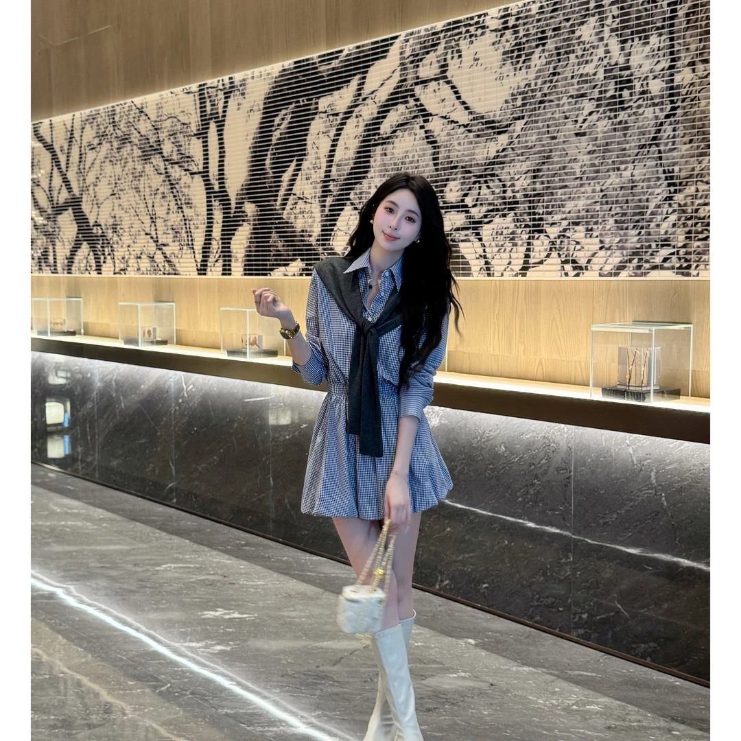 YUANLIANSU/圆脸酥【桃溪浅梦】蓝色格子裙子女秋季收腰衬衫连衣裙