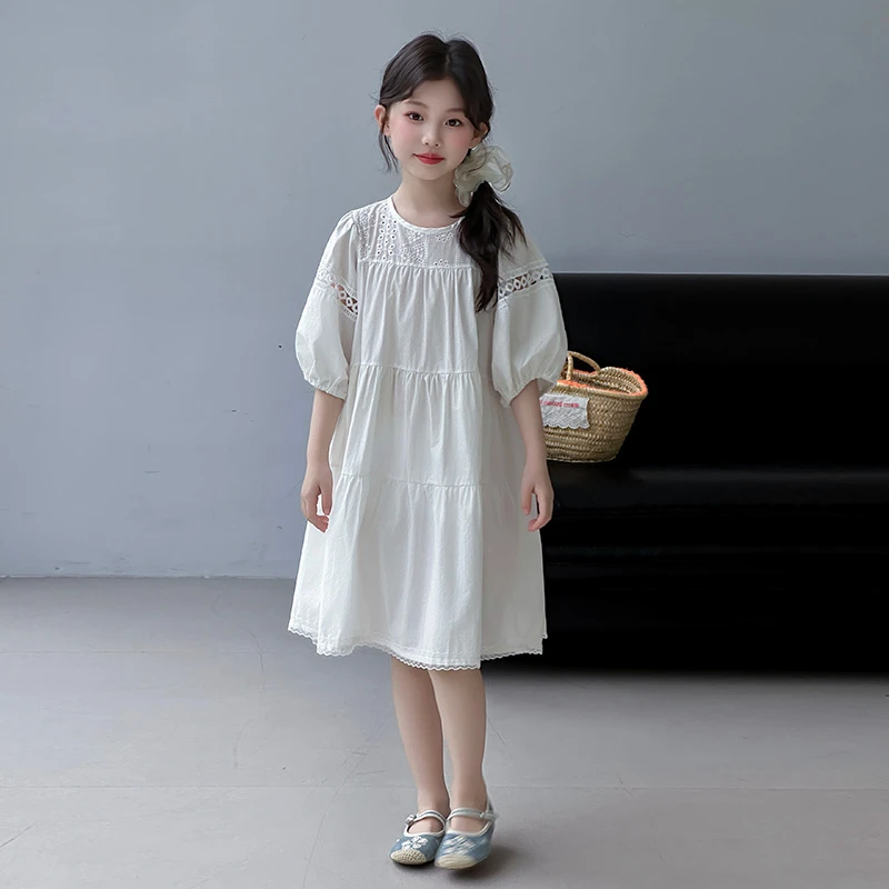 女童白色连衣裙夏季儿童洋气泡泡袖公主裙2025新款女孩中长款裙子