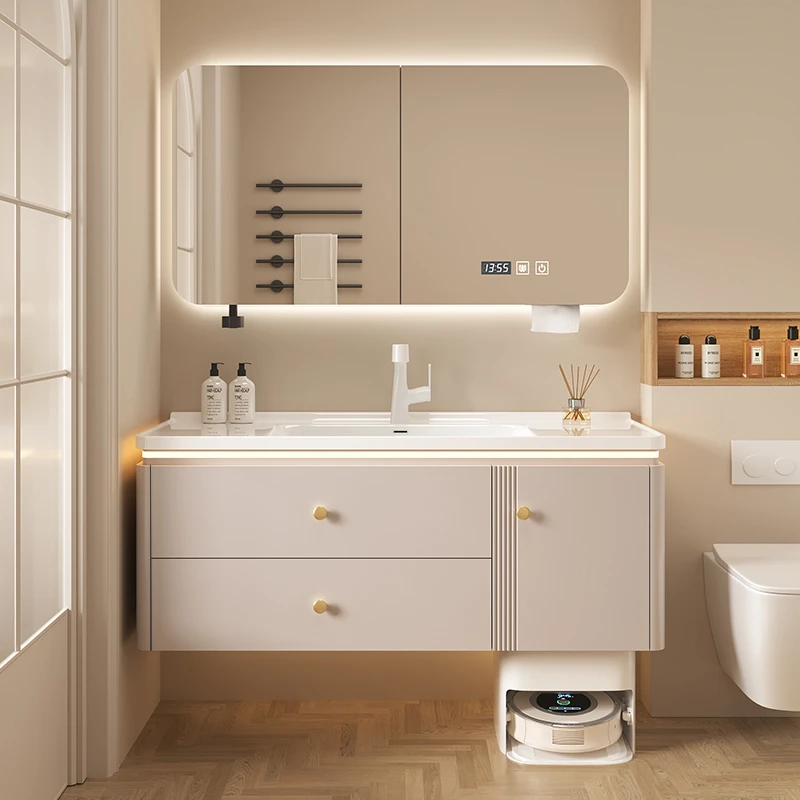 【可放基站小厨宝】橡胶木浴室柜陶瓷一体盆卫生间洗漱台新款洗手池