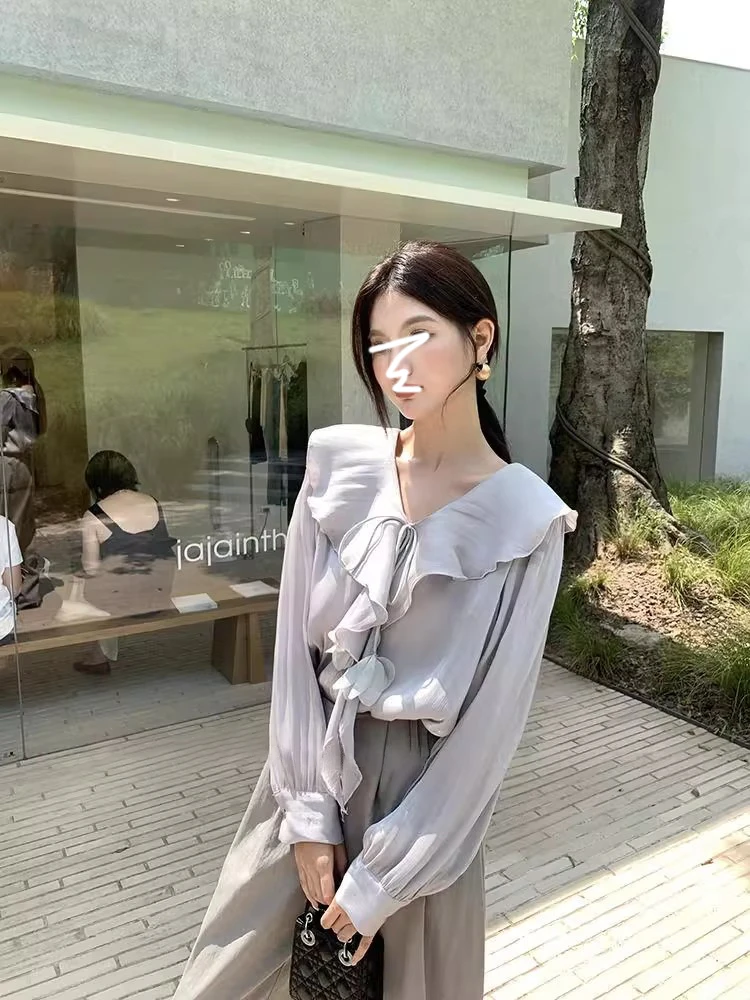 法式优雅气质穿搭套装荷叶边v领长袖雪纺衬衫女秋季休闲裤两件套