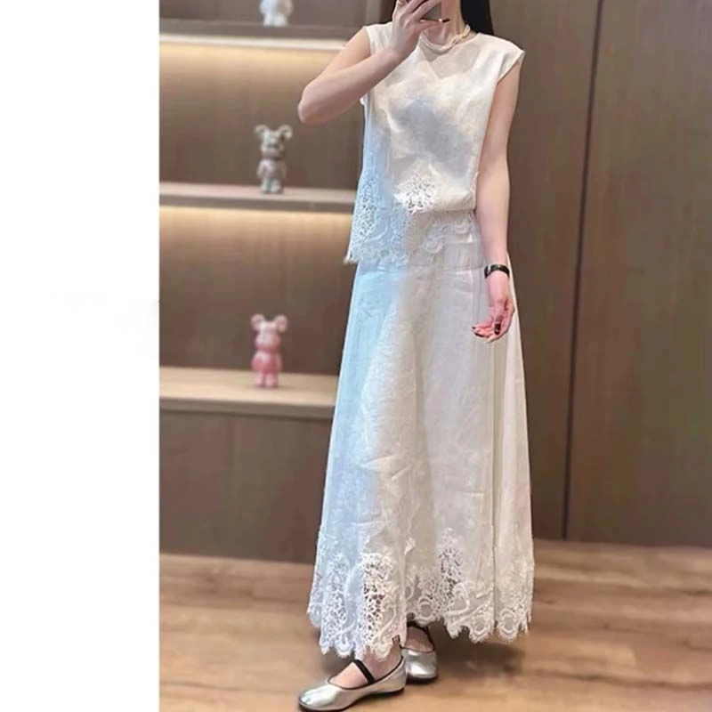 两件套/单件高级感小众设计感蕾丝拼接背心+温柔风半身裙子套装女