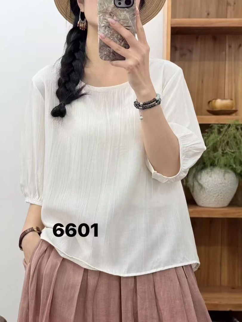 【尚品胖小妞】【6601】2025夏季新款百搭时尚棉麻短袖体恤