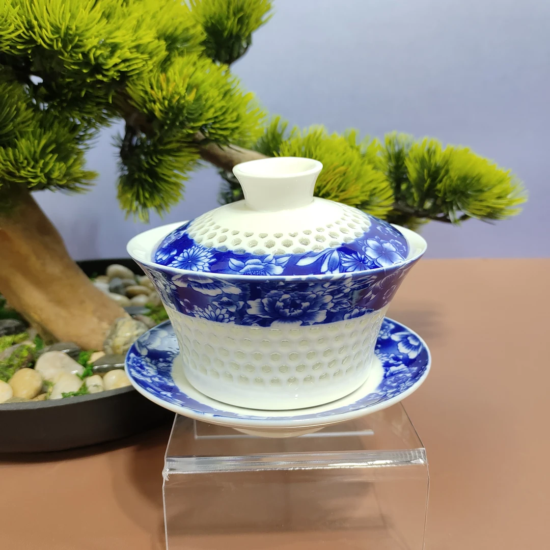 青花镂空盖碗复古陶瓷茶具（4.5寸）