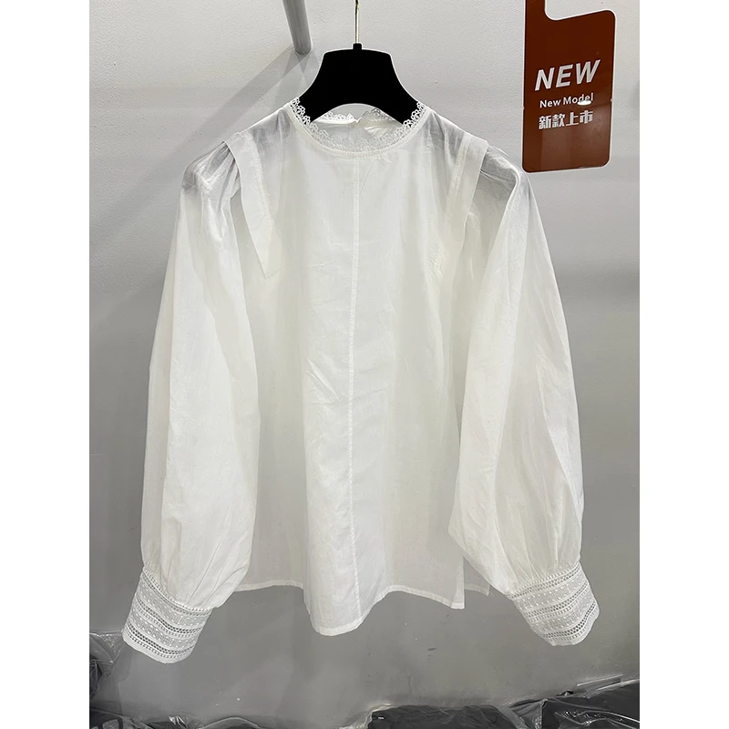 2025初春新款高级感法式灯笼袖花边圆领套头长袖蕾丝衬衫通勤上衣