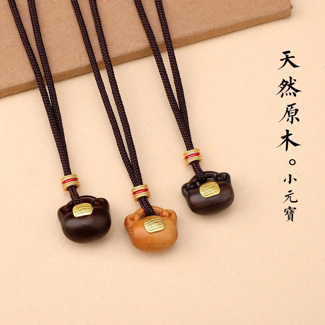 天然原木小元宝吊坠项链民族风木质国风锁骨链可爱百搭毛衣链新款