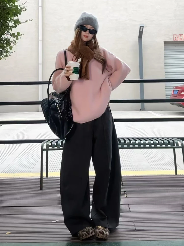 2025秋冬流行新款宽松型时尚气质粉色针织毛衣衫休闲阔腿裤两件套