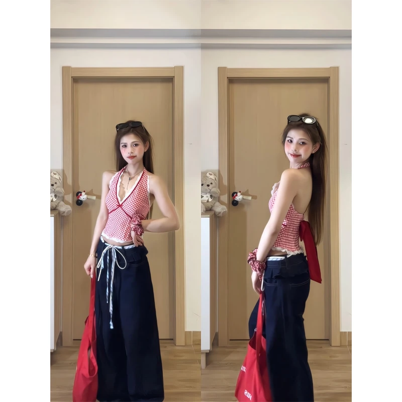 蕾丝挂脖V领格子背心短款无袖上衣阔腿裤垂感休闲裤直筒黑色裤子