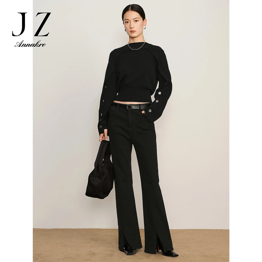 【籽言专属】玖姿安娜蔻JTDD12103微喇开叉弹力牛仔长裤女冬新款
