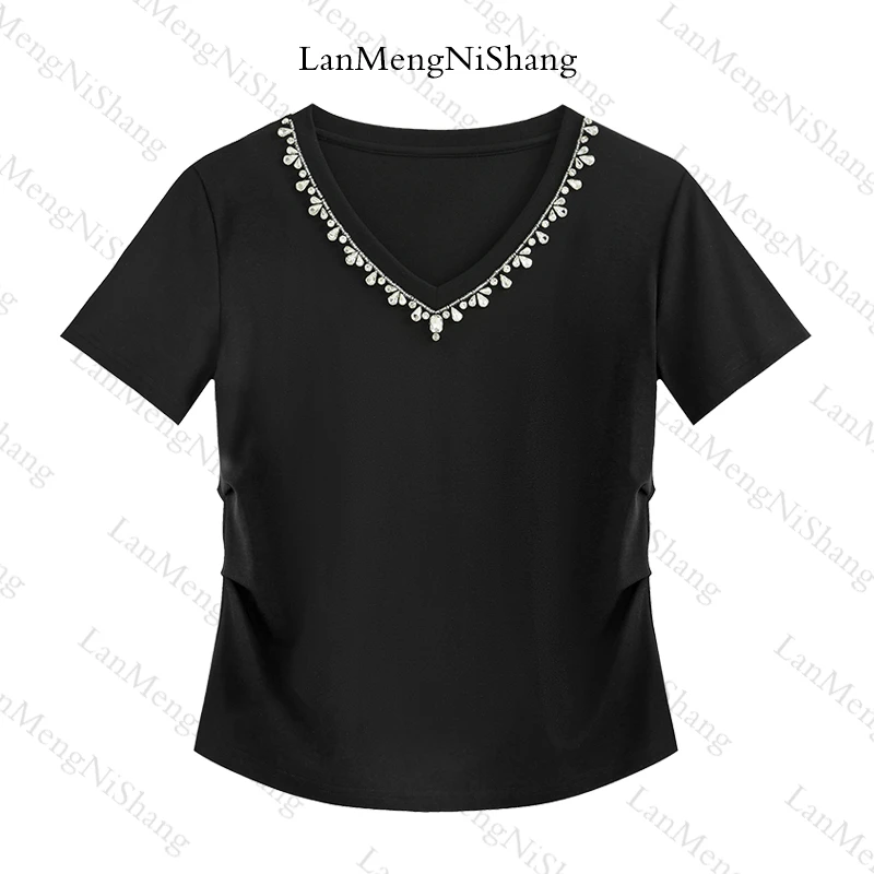 2025夏季爆款短袖纯色设计感印花女士手工钉钻T恤V领6035