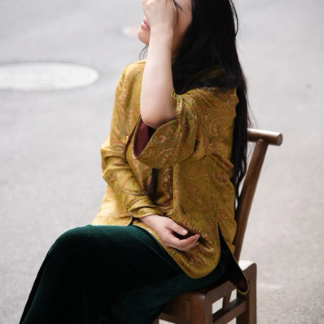 花想容—国风中式圆领偏襟复古网红绿色民族风日常上衣中国风宋锦