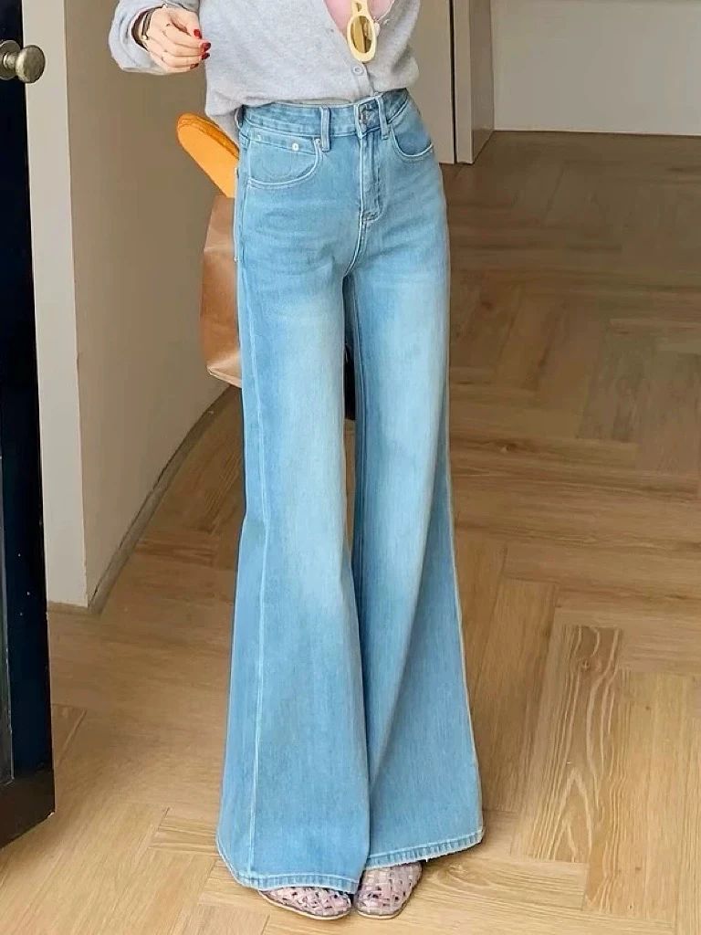 【偶有瑕疵介意不拍】百搭显瘦微喇阔腿牛仔裤烟管直筒四面弹牛仔