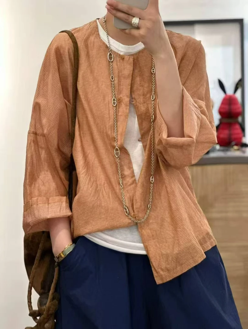 真丝棉纺 色织圆领宽松轻中式橘色衬衫女