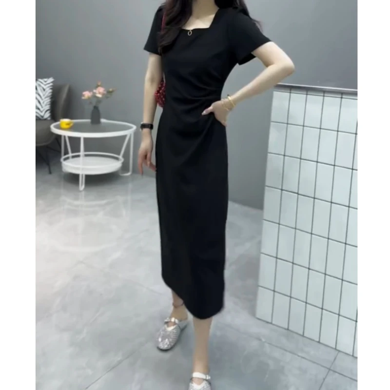 夏季气质高级感褶皱收腰显瘦黑色设计感连衣裙法式百搭时尚拼接