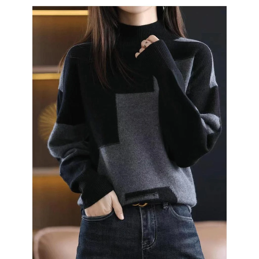 皮尔卡丹胖mm大码女装羊毛衫女半高领加厚拼色毛衣秋冬韩版宽松针