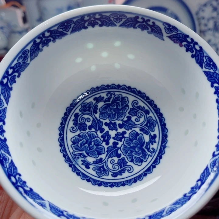 青花玲珑5寸饭碗牡丹花