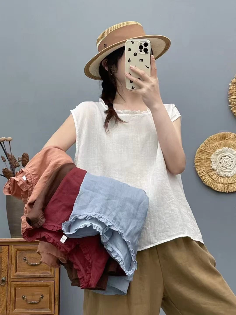 苎麻两穿衬衣花边领纯色夏季显瘦无袖衬衫薄款圆领气质时尚休闲