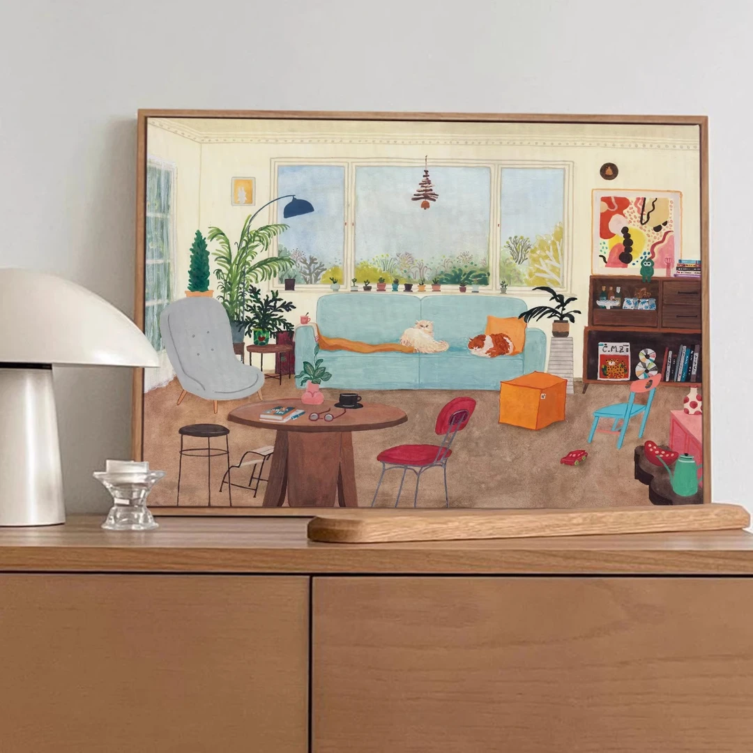 宅家 奶油风横版客厅装饰画餐厅ins挂画卧室小众艺术插画