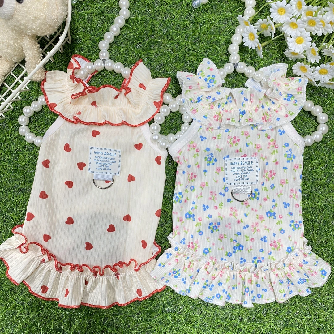 春夏季狗狗猫咪薄款防掉毛衣服碎花裙防掉毛带牵引扣柯基比熊泰迪