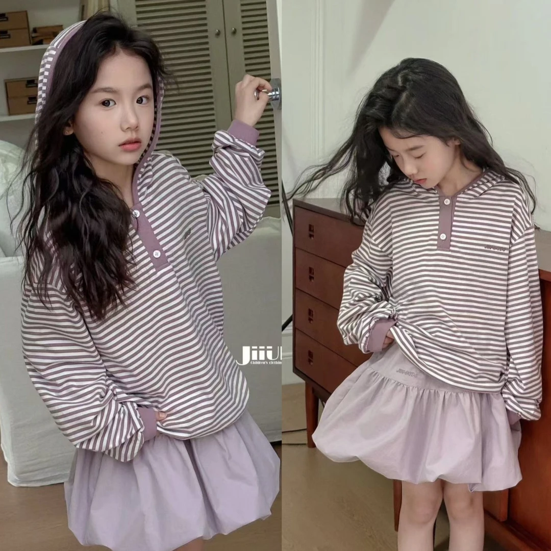【小慕家】2025春新款女童条纹连帽T恤中大童休闲套头衫上衣78015