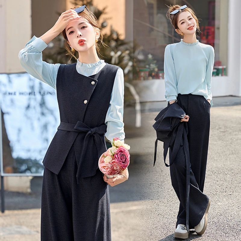 时尚职业马甲衬衣套装女2025春秋新款高级感气质显瘦阔腿裤三件套