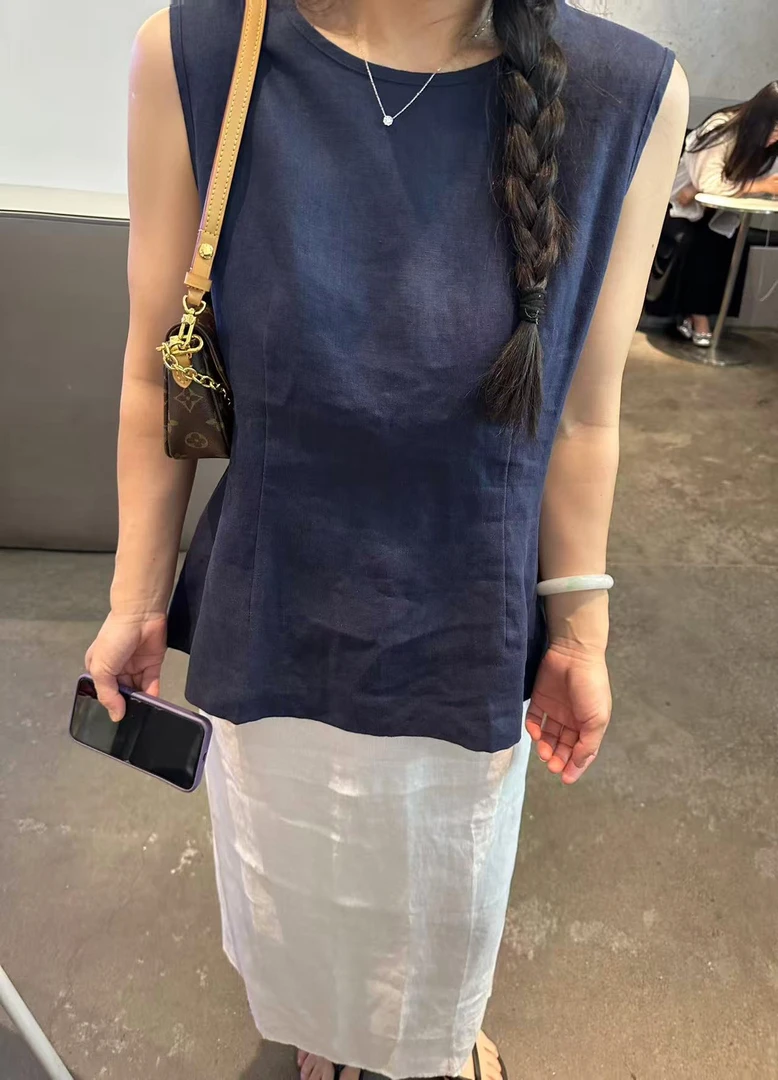 显瘦高级纯麻无袖上衣