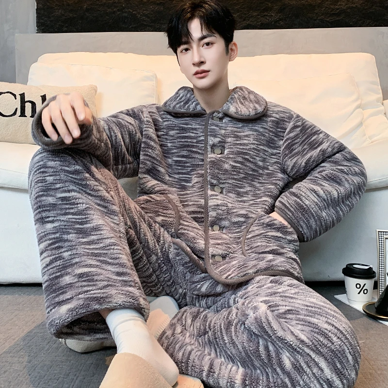 【爱尔兰灰紫】秋冬高密暖绒男可外穿暖绒保暖法兰绒家居服睡衣套装