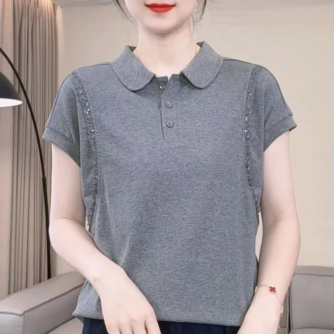 短袖T恤女2025夏季新款POLO翻领花边拼接设计感显瘦百搭休闲上衣
