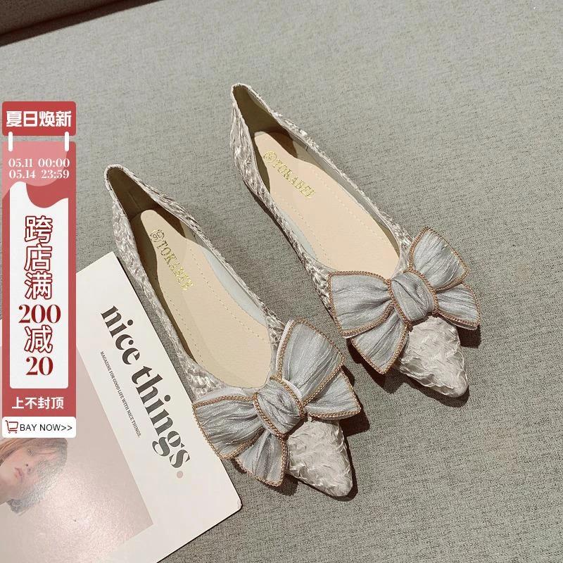 小香风甜美蝴蝶结软底鞋新款浅口尖头舒适瓢鞋百搭温柔鞋平底单鞋