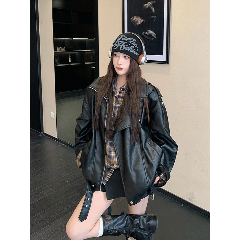 美式辣妹甜辣风皮衣外套女春秋季爆款宽松高级感炸街pu皮机车夹克