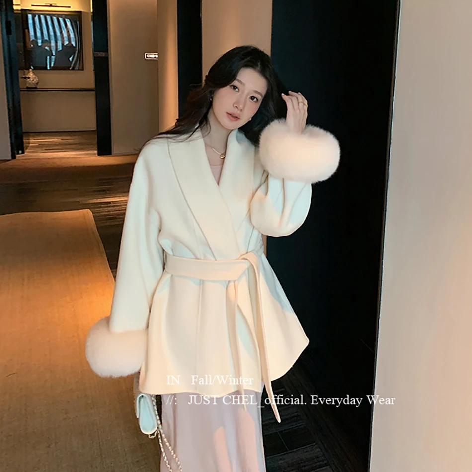 2025秋冬中长款双面绒毛呢外套女休闲仿狐狸毛香风小个子呢子大衣