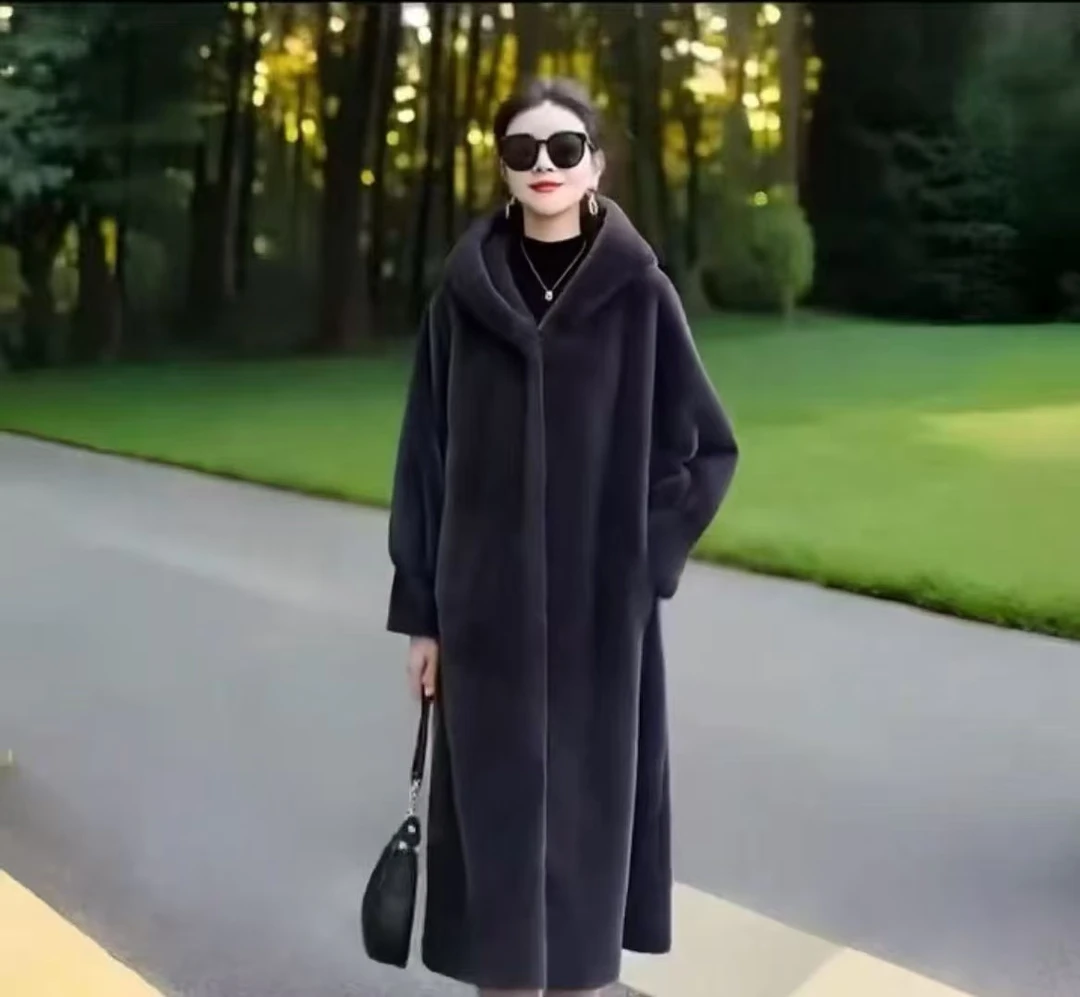[直播专属]秋冬季新款长款带帽貂绒外套气质轻奢浴袍款简约1803