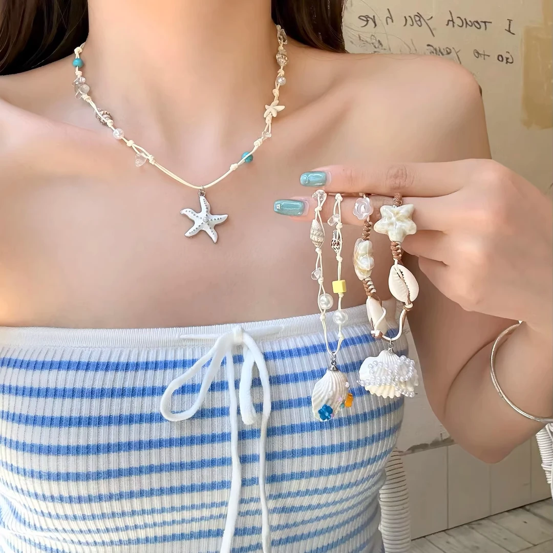 非金属仿珍珠项链 海边见~多巴胺海星贝壳串珠项链女夏度假风配饰