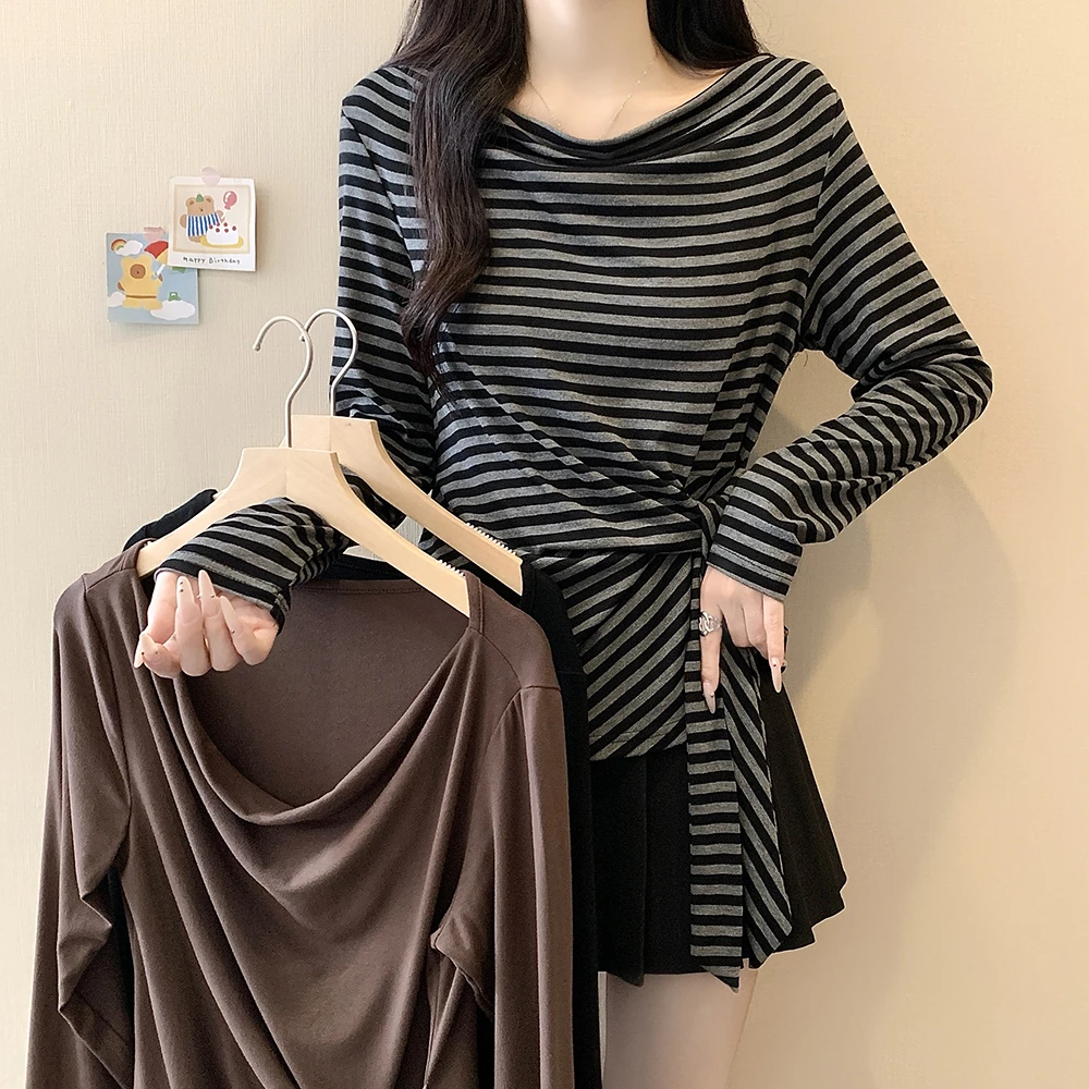 2025大码女装秋季新款条纹荡领纯色长袖T恤上衣修身百搭小众时尚