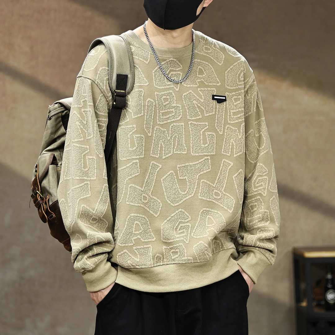 高端重磅针织大字母提花圆领卫衣男秋季新款潮牌肌理感休闲上衣男